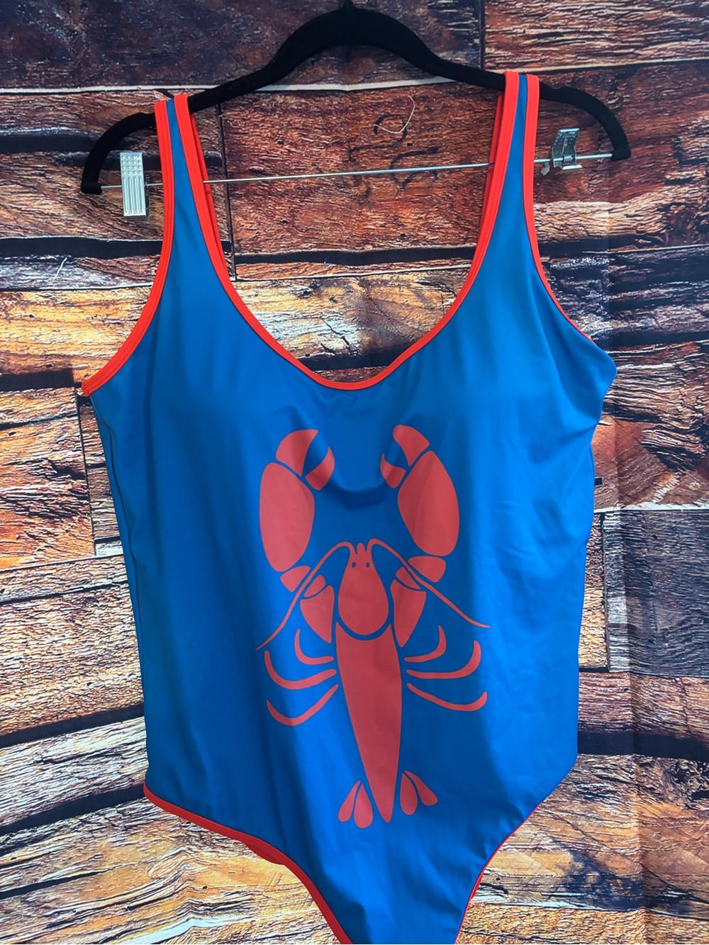 Boden Blue One-Piece Swimsuit with Red Trim and Lobster Motif, new without tags